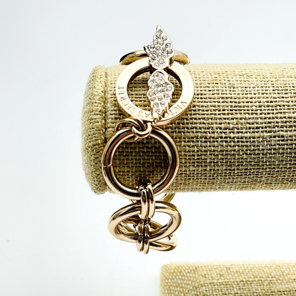 Victorias Secret Gold Tone Chunky Link Bracelet Crystal Angel Wing Toggle